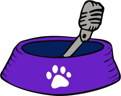 purple dog dish with white paw print on side; microphone sticking out. I wonder what that tastes like.